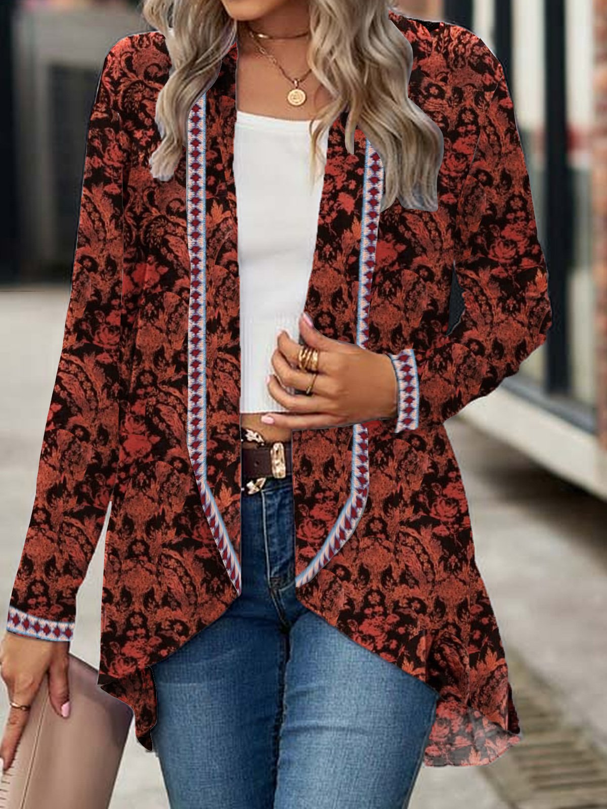 Élasticité moyenne Manches Longues Régulier Floral Kimono pour Femmes