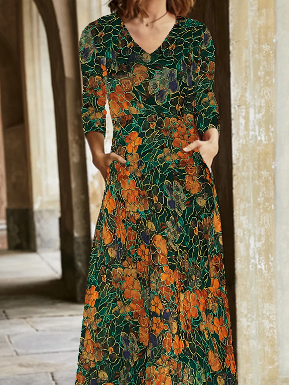Femmes Abstrait Vert Col V Confortable Robe Maxi Décontracté