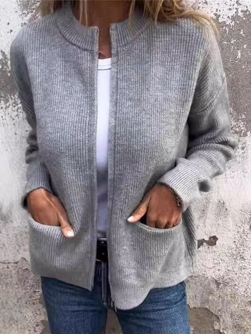 Élasticité moyenne Col Rond Manches Longues Régulier Plain Blouson Zip pour Femmes