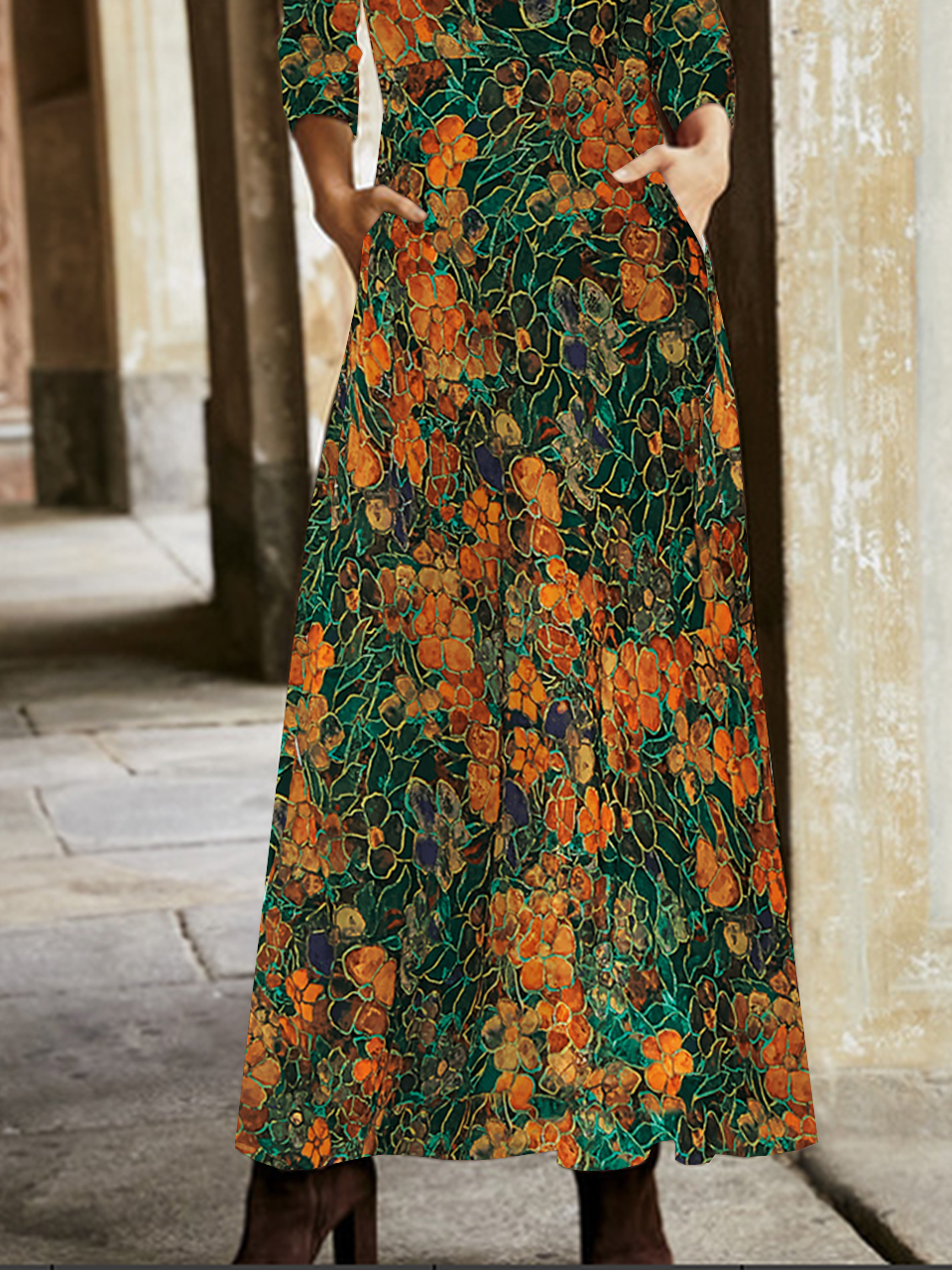 Femmes Abstrait Vert Col V Confortable Robe Maxi Décontracté