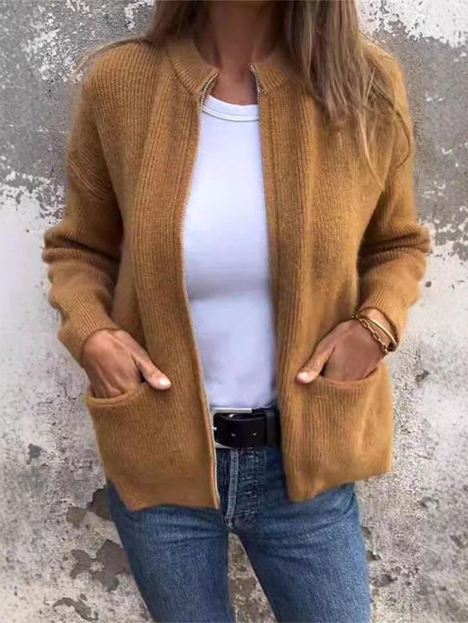Élasticité moyenne Col Rond Manches Longues Régulier Plain Blouson Zip pour Femmes