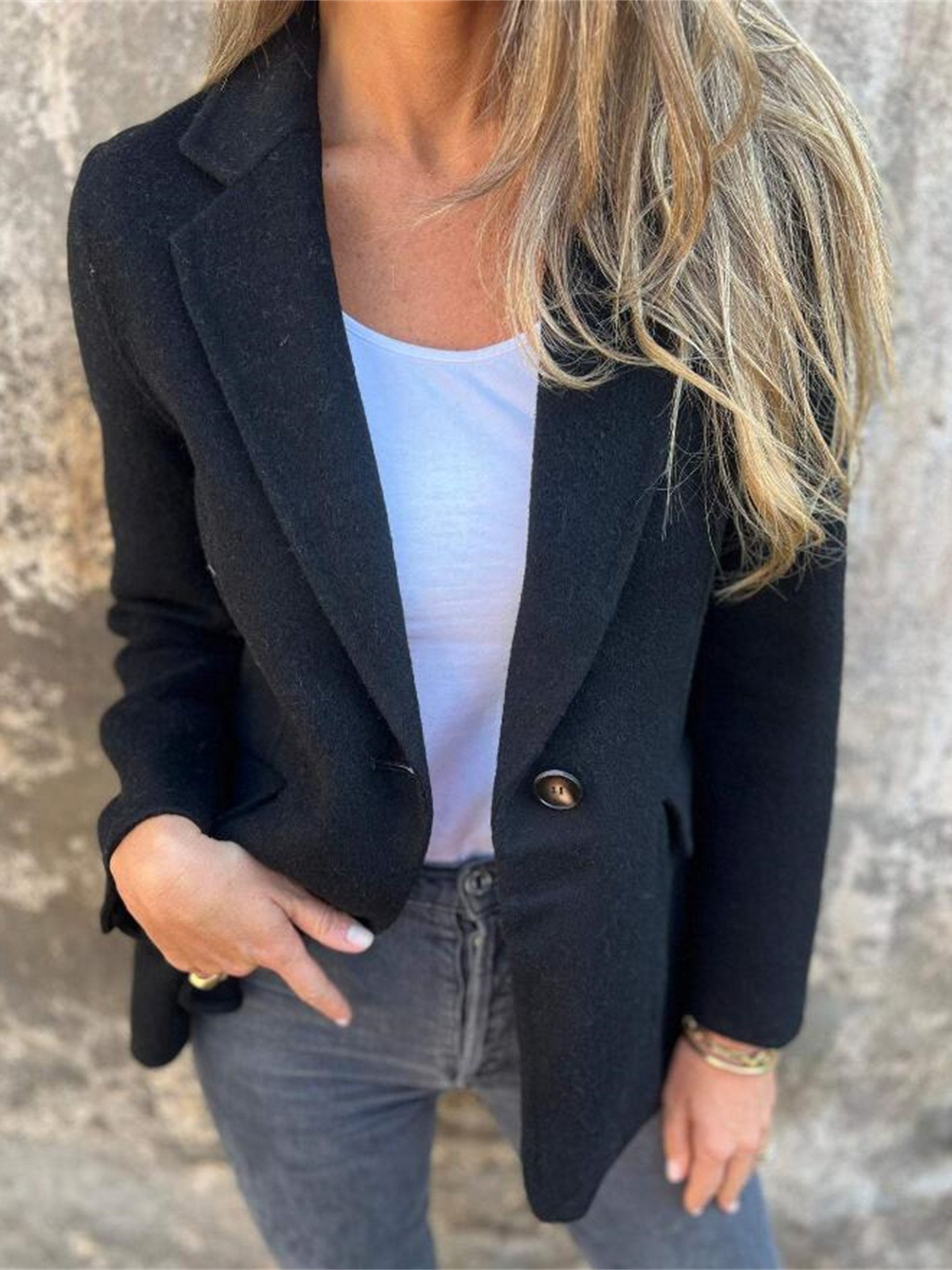 Élasticité moyenne Col Châle Manches Longues Régulier Plain Blouson Boucle pour Femmes