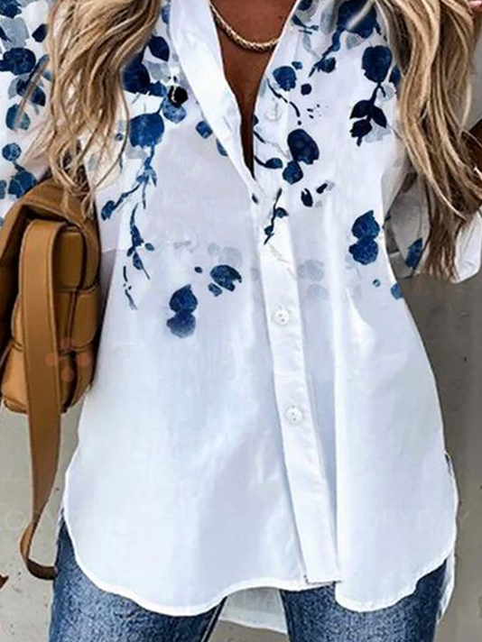 Manches Longues Imprimé Floral Col de Chemise Blouse Décontractés