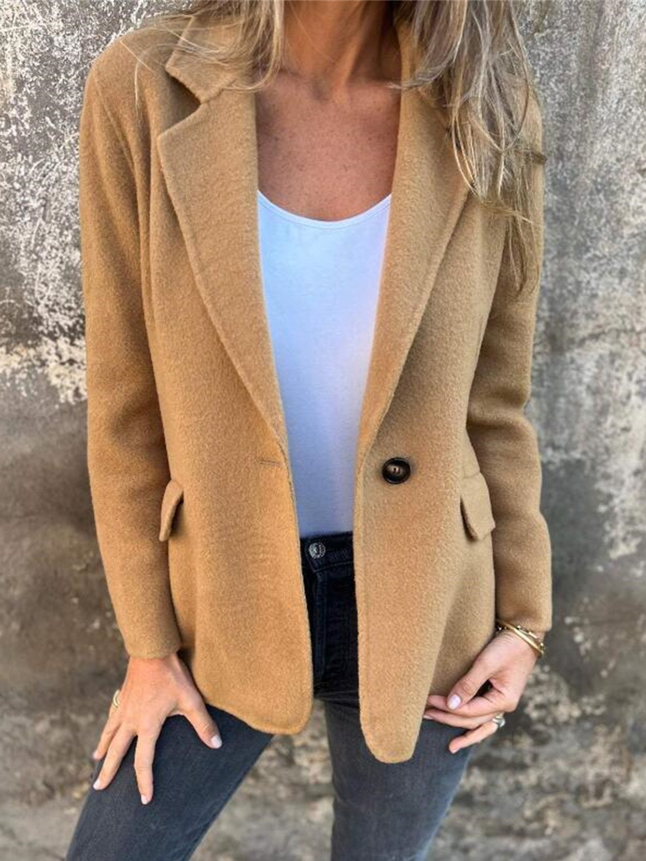 Élasticité moyenne Col Châle Manches Longues Régulier Plain Blouson Boucle pour Femmes