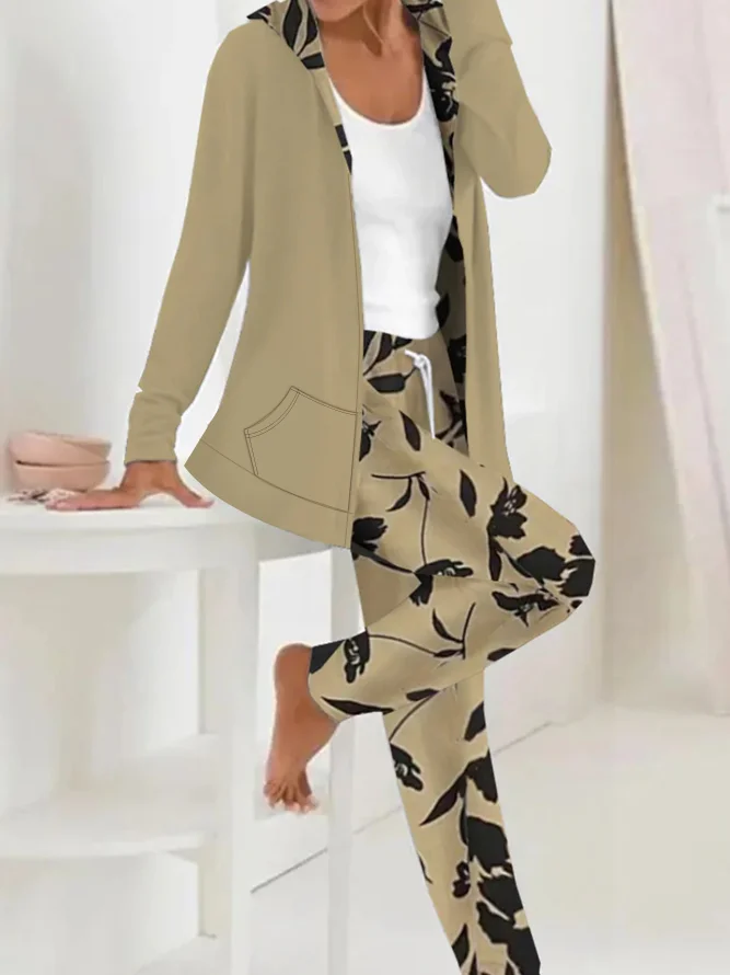 Deux Pièces Ensembles Bloc de Couleur Décontracté Printemps / Automne Sweat-shirt à Capuche Micro-élasticité Quotidien Jersey Droit Régulier pour Femmes