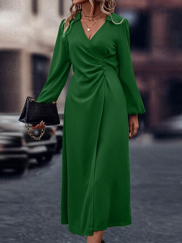 Femmes Plain Vert Col Châle Confortable Robe Mi-Longue Décontracté