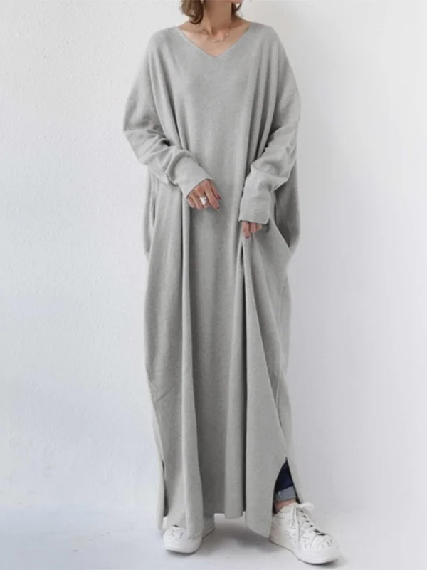 Femmes Plain Gris Clair Col V Confortable Dentelle Robe Maxi Décontracté