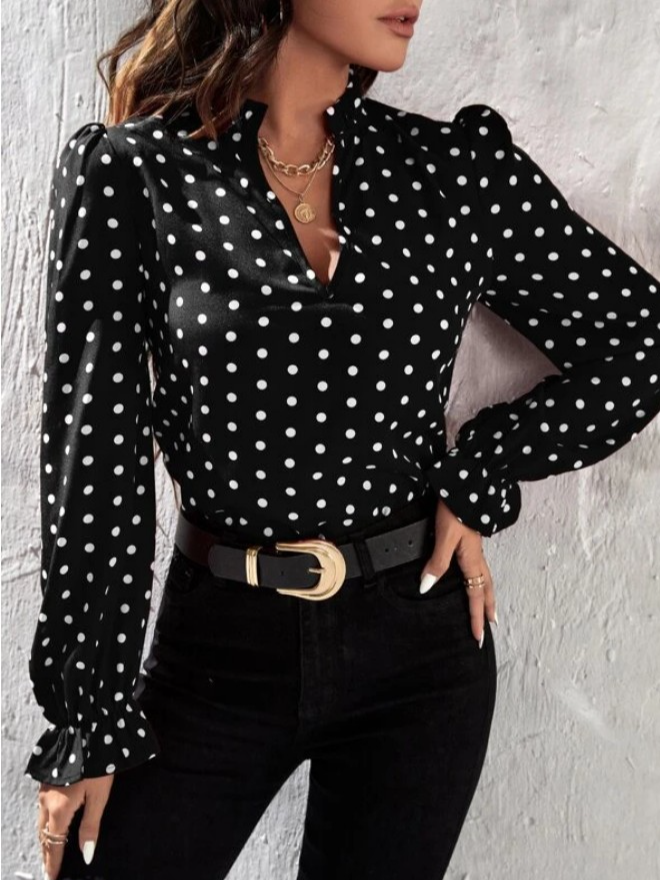 Chemisiers1 Pois Polka Décontracté Printemps / Automne Polyester Aucune élasticité Ample Manches Longues Mi-long Droit pour Femmes