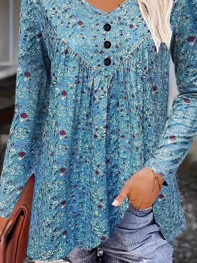 Chemisiers1 Décontracté Floral Printemps / Automne Quotidien Manches Longues Col Rond Mi-long Droit Régulier pour Femmes
