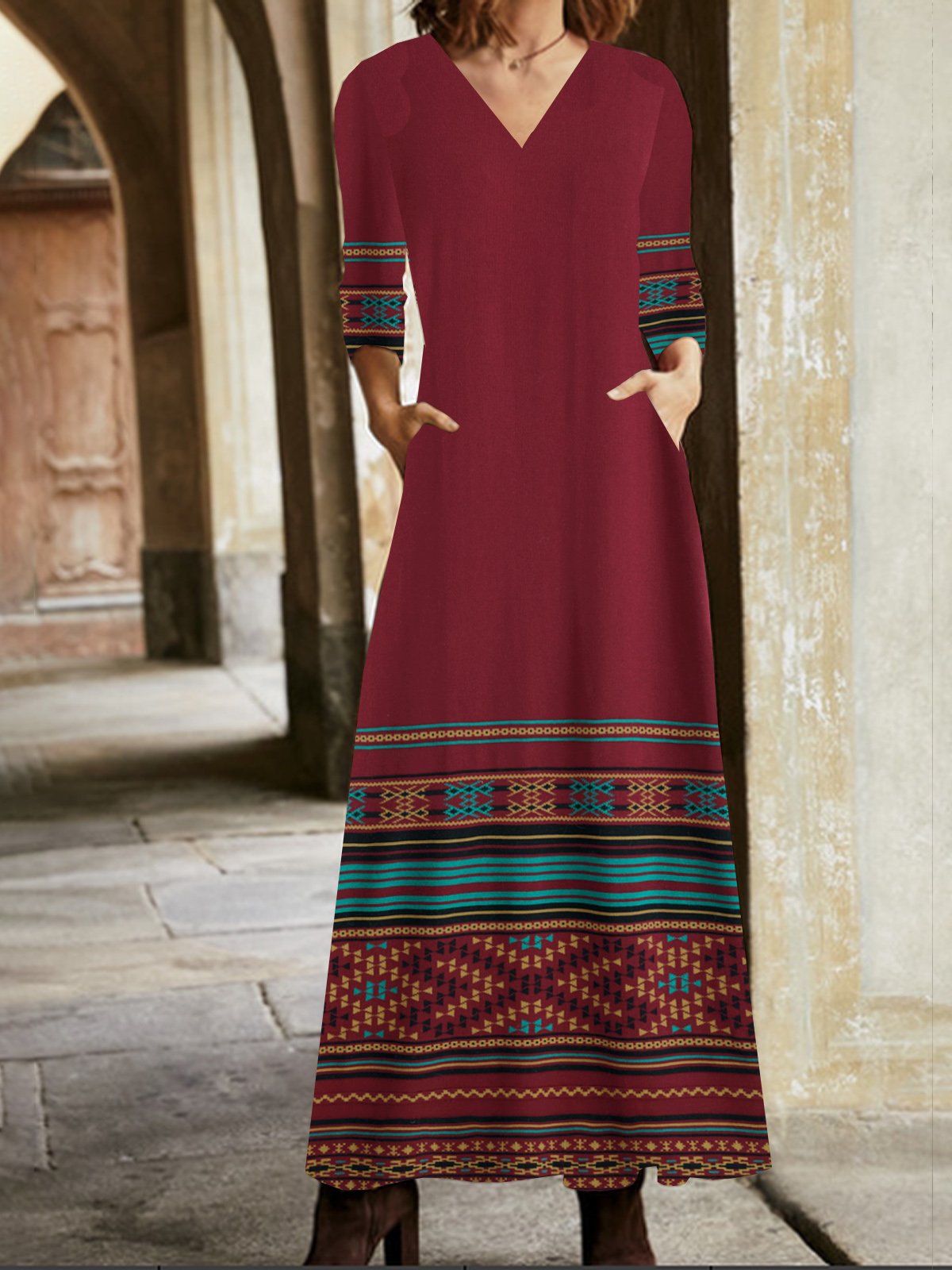 Femmes Ethnique Rouge Vineux Col V Confortable Poche Couture Robe Maxi Rétro