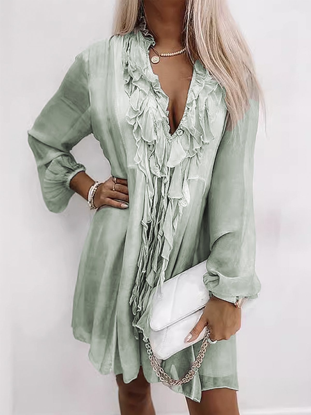 Femmes Plain Rose Col V Confortable Mini Robe Décontracté