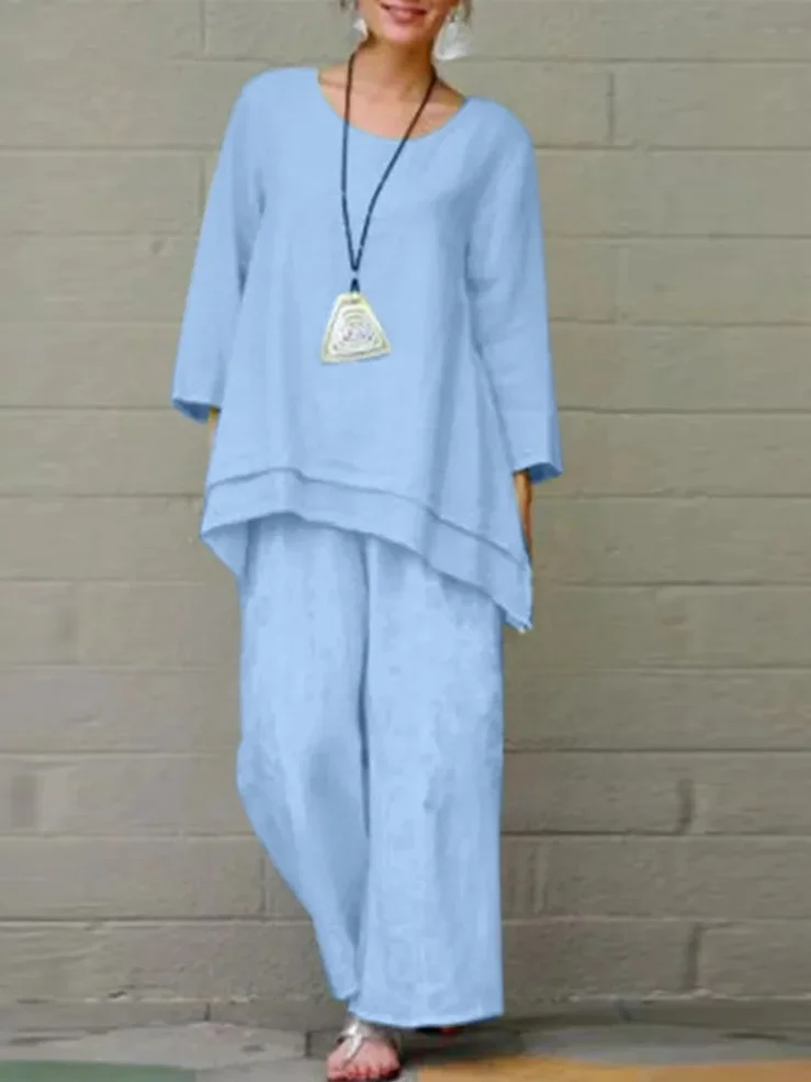 Deux Pièces Ensembles Femmes Décontracté Plain Printemps / Automne Polyester Micro-élasticité Ample Col Rond Droit Régulier