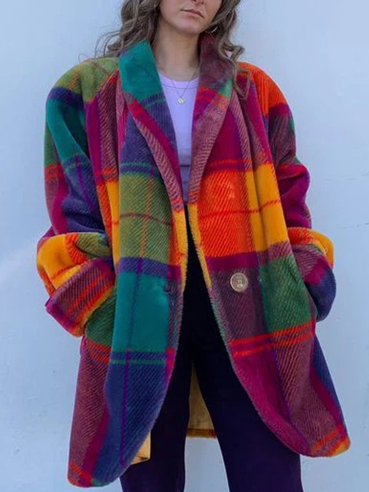 à Col Revers Manches Longues Régulier Plaid Manteau Boutonné pour Femmes