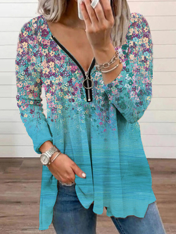 Chemisiers1 Décontracté Floral Printemps / Automne Col V Micro-élasticité Jersey Manches Longues Mi-long Régulier pour Femmes