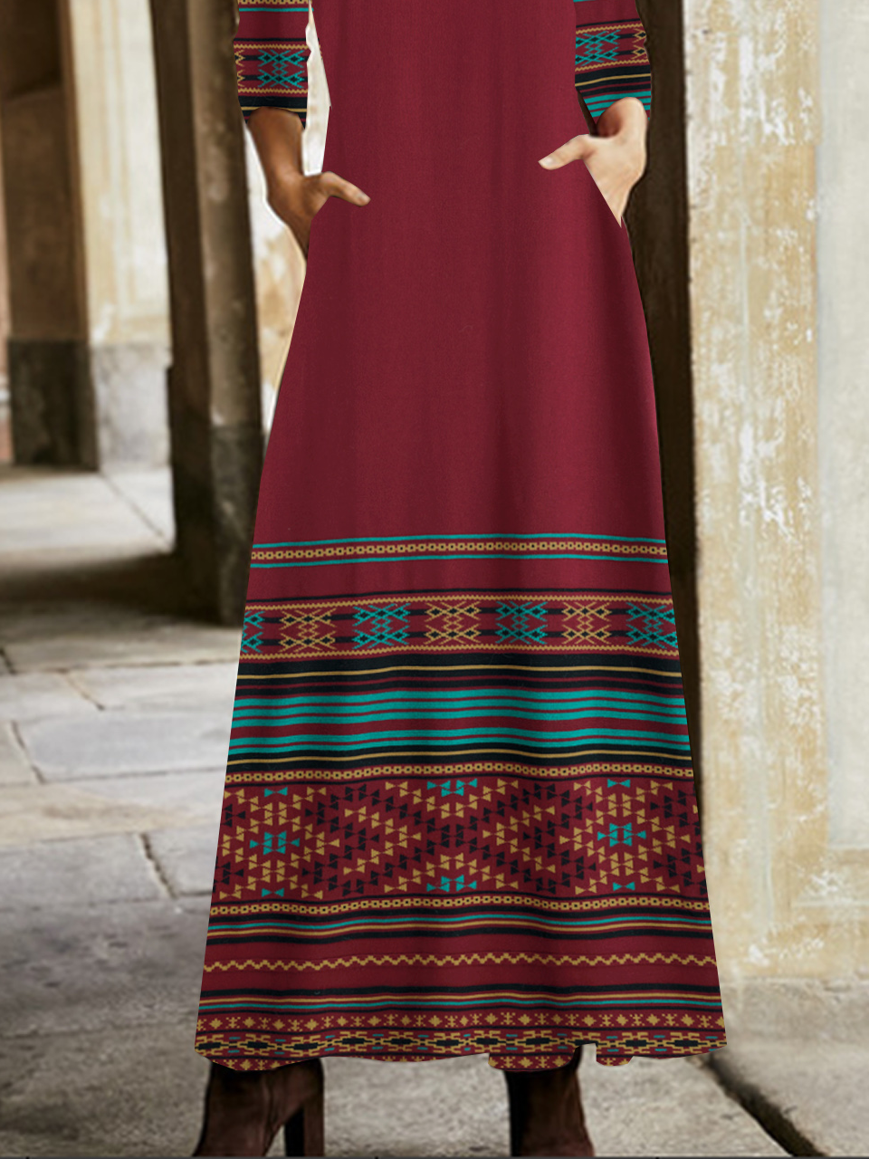 Femmes Ethnique Rouge Vineux Col V Confortable Poche Couture Robe Maxi Rétro
