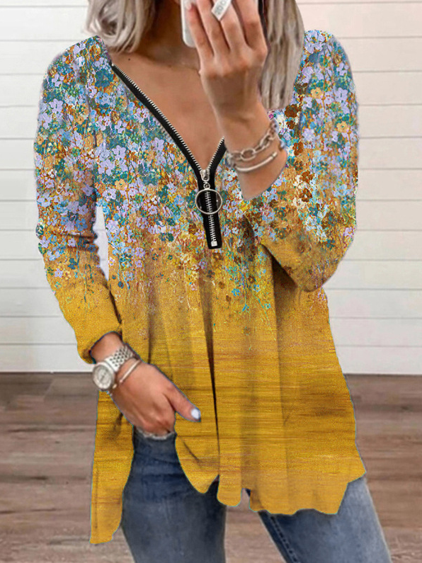 Chemisiers1 Décontracté Floral Printemps / Automne Col V Micro-élasticité Jersey Manches Longues Mi-long Régulier pour Femmes
