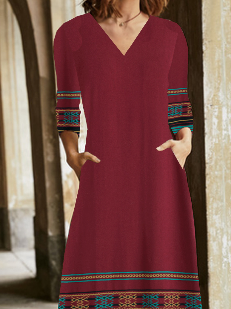 Femmes Ethnique Rouge Vineux Col V Confortable Poche Couture Robe Maxi Rétro