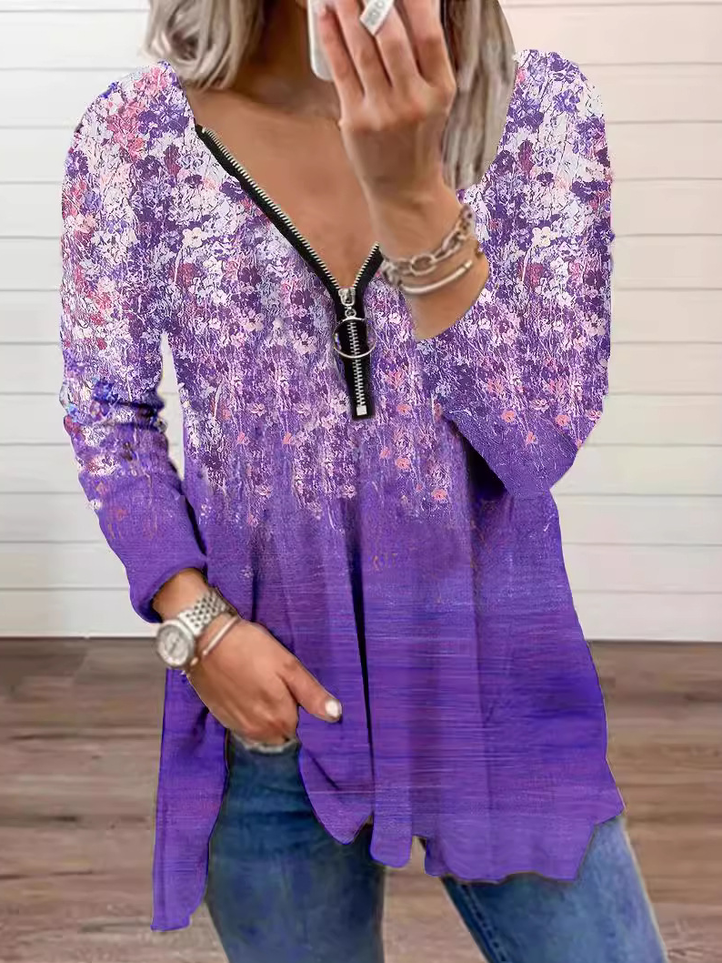 Chemisiers1 Décontracté Floral Printemps / Automne Col V Micro-élasticité Jersey Manches Longues Mi-long Régulier pour Femmes