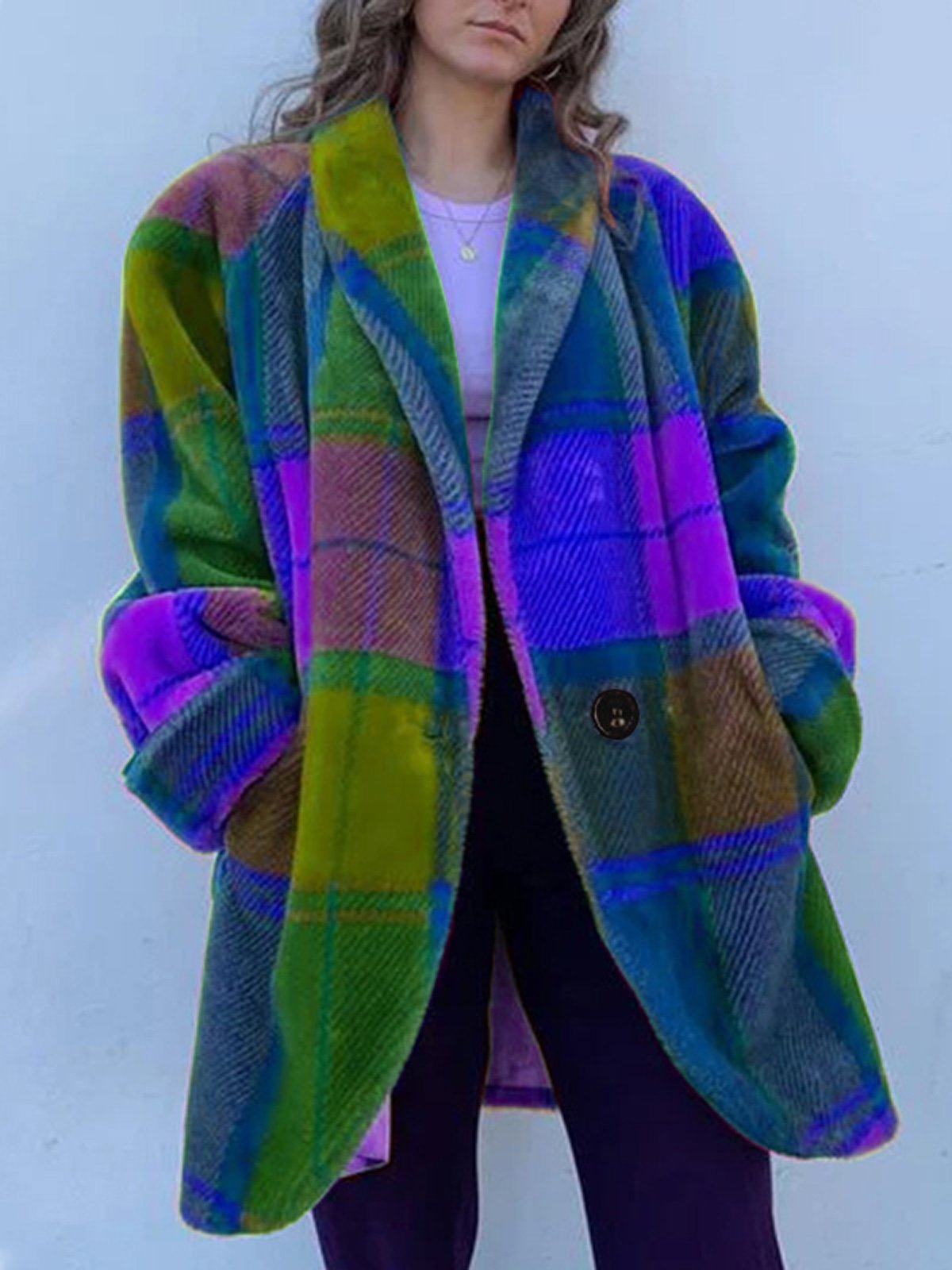 à Col Revers Manches Longues Régulier Plaid Manteau Boutonné pour Femmes