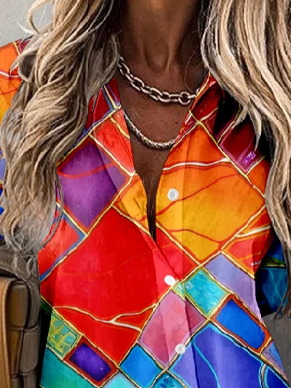 Chemises Femmes Rétro Printemps / Automne Multicolore Bloc Polyester Naturel Aucune élasticité Quotidien Ample Mi-long