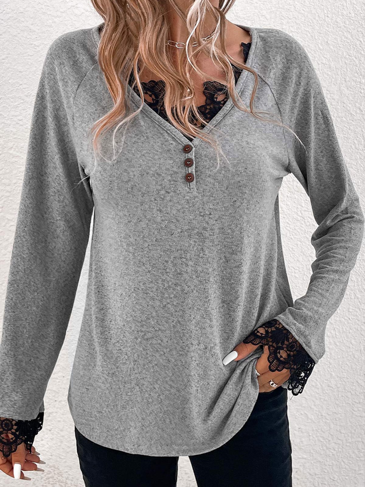 T-shirts Femmes Décontracté Plain Printemps / Automne Col V Quotidien Ample Droit Régulier avec Bordure en Dentelle