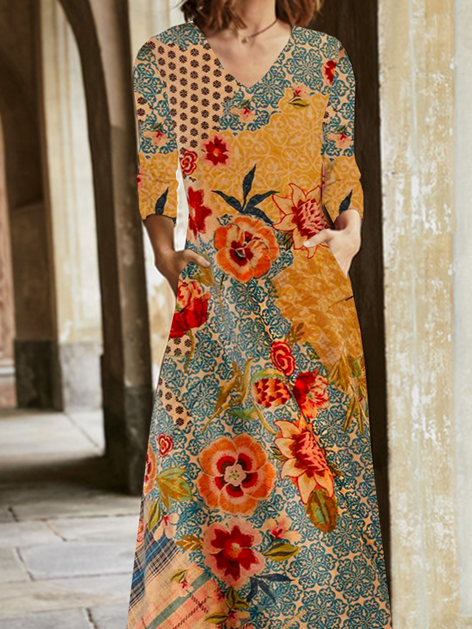 Femmes Floral Orange Col V Confortable Poche Couture Robe Maxi Décontracté