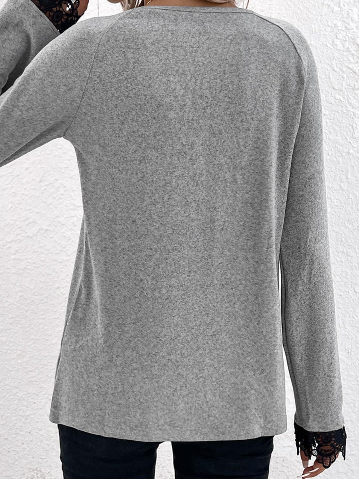 T-shirts Femmes Décontracté Plain Printemps / Automne Col V Quotidien Ample Droit Régulier avec Bordure en Dentelle