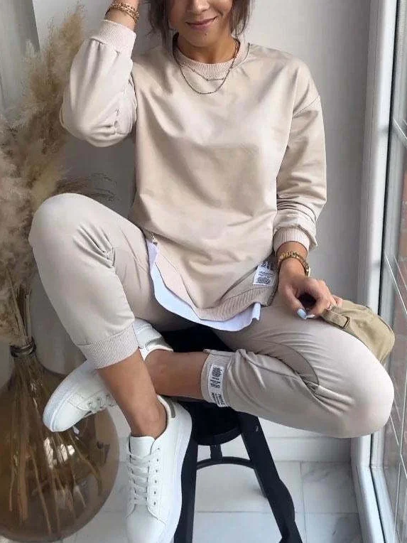 Deux Pièces Ensembles Femmes Décontracté Plain Printemps / Automne Quotidien Ample Jersey Top Avec Pantalons Droit Régulier