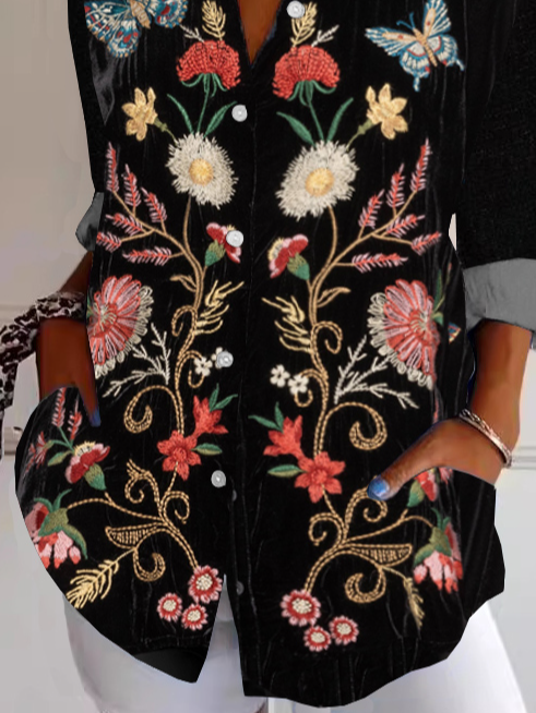 Chemises Femmes Rétro Ethnique Printemps / Automne Aucune élasticité Ample Manches Longues Droit Régulier Col de Chemise