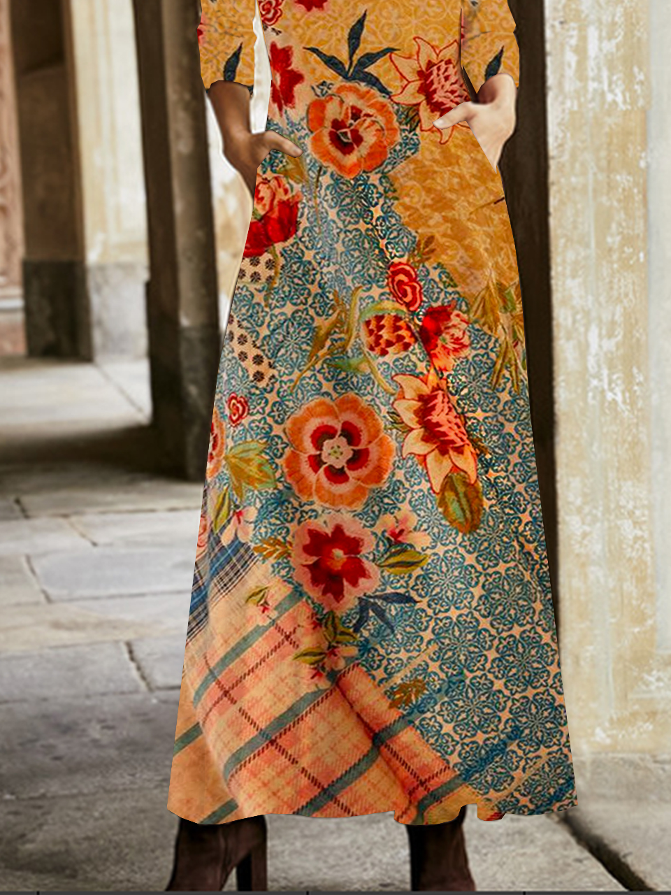 Femmes Floral Orange Col V Confortable Poche Couture Robe Maxi Décontracté
