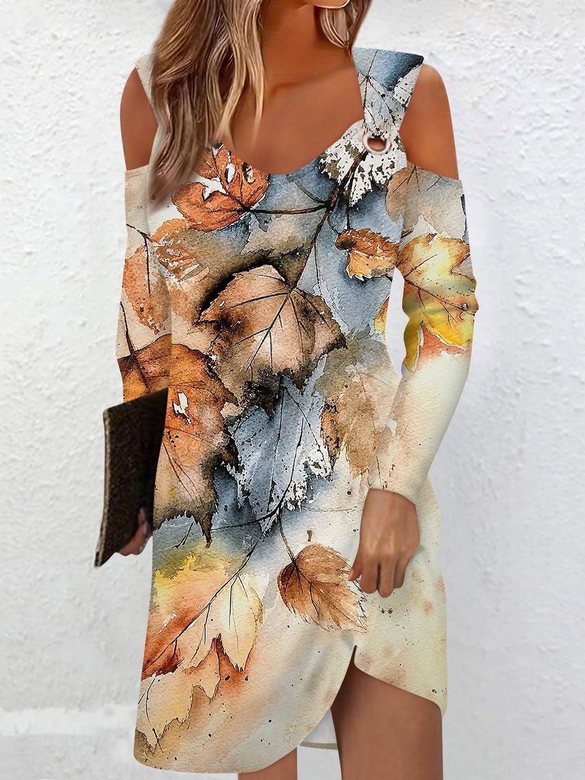 Femmes Feuille d'Érable Couleur 1 à Épaules Dénudées Confortable Boucle Mini Robe Décontracté