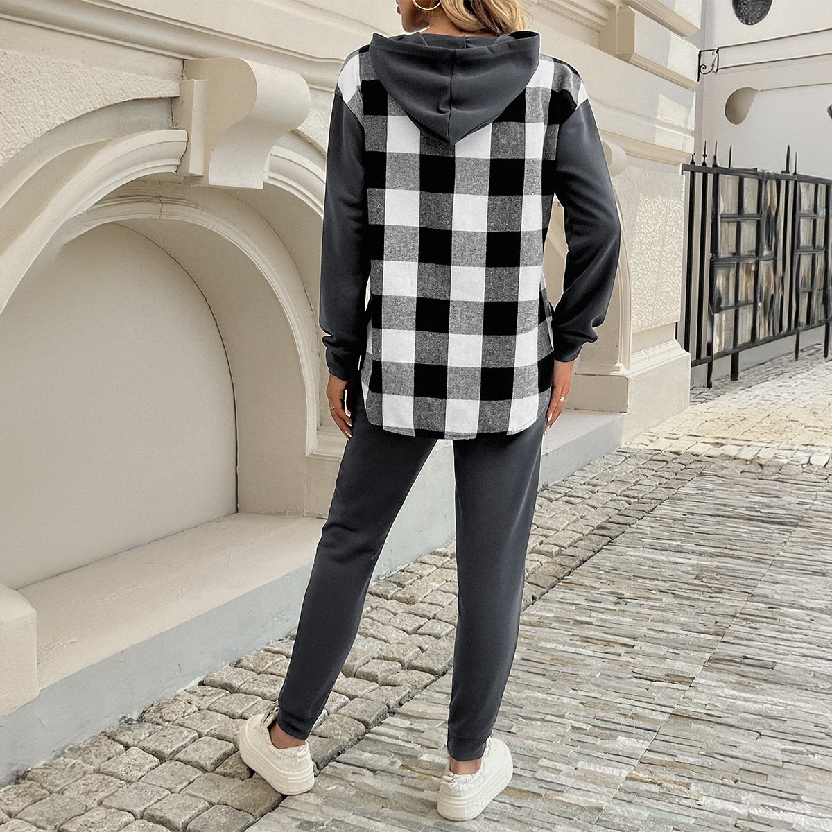 Deux Pièces Ensembles Femmes Décontracté Printemps / Automne Plaid Naturel Micro-élasticité Quotidien Ample Jersey Top Avec Pantalons