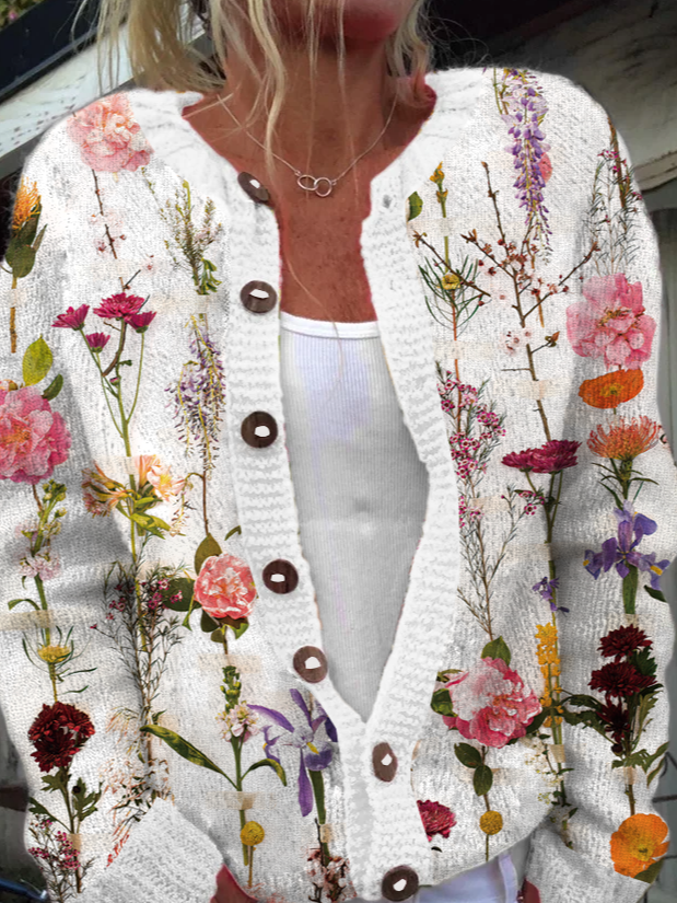 Cardigans Décontracté Hiver Plantes Tricoté Quotidien Coupe Régulière Manches Longues Col Rond Droit pour Femmes
