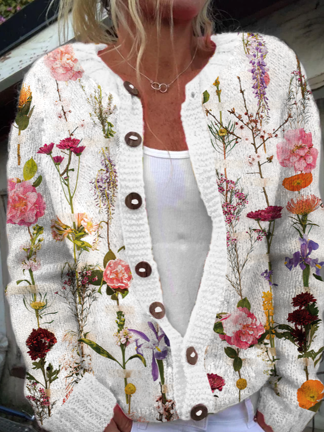 Cardigans Décontracté Hiver Plantes Tricoté Quotidien Coupe Régulière Manches Longues Col Rond Droit pour Femmes