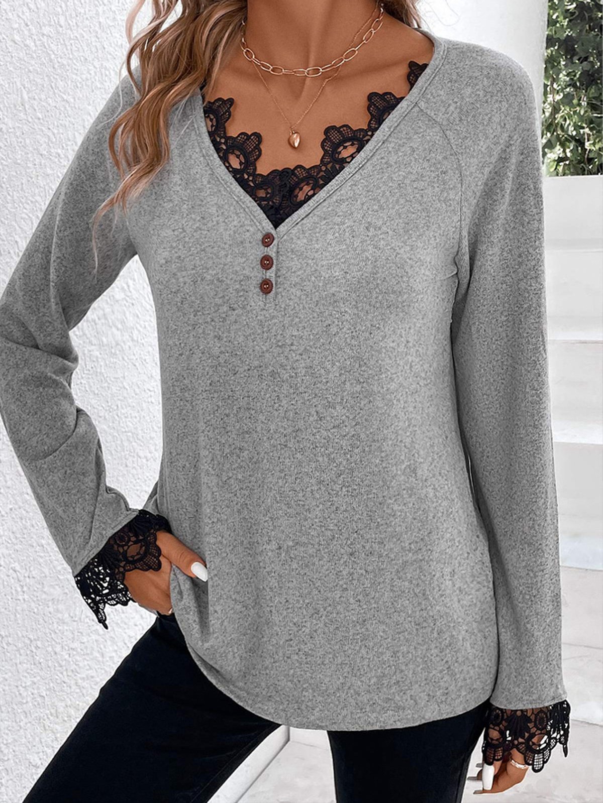T-shirts Femmes Décontracté Plain Printemps / Automne Col V Quotidien Ample Droit Régulier avec Bordure en Dentelle