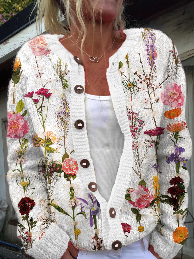 Cardigans Décontracté Hiver Plantes Tricoté Quotidien Coupe Régulière Manches Longues Col Rond Droit pour Femmes