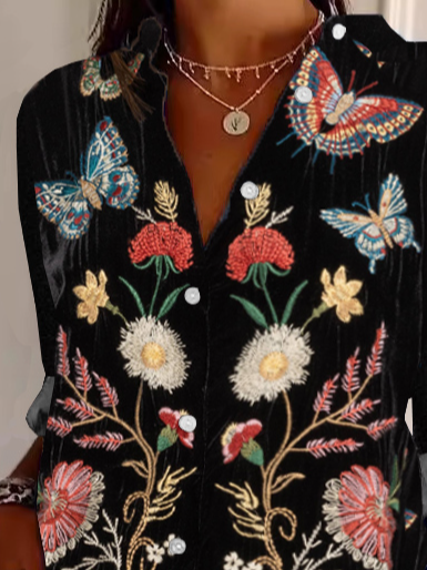 Chemises Femmes Rétro Ethnique Printemps / Automne Aucune élasticité Ample Manches Longues Droit Régulier Col de Chemise