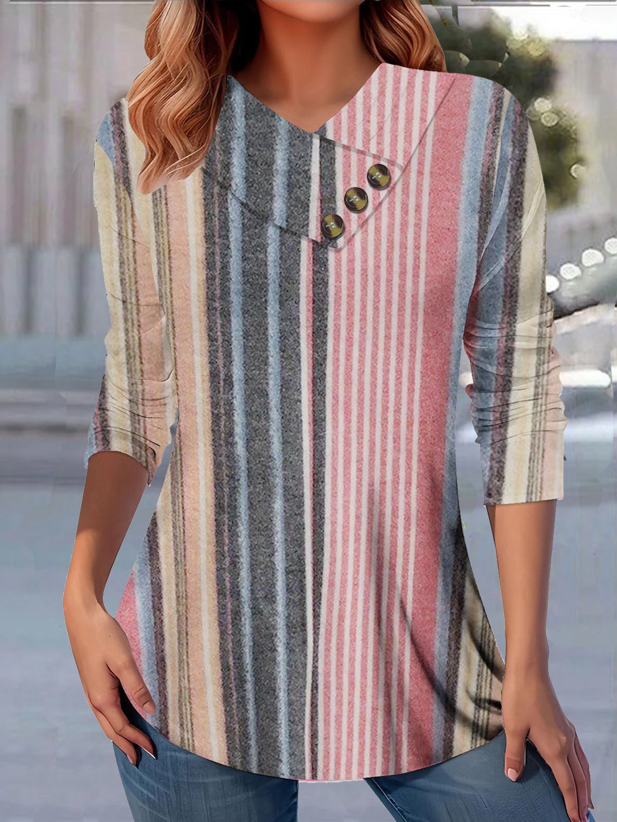 T-shirts Femmes Ethnique Décontracté Printemps / Automne Col V Quotidien Manches Longues Régulier Droit Boucle