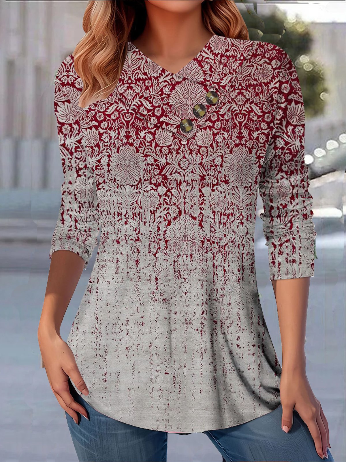 T-shirts Femmes Ethnique Décontracté Printemps / Automne Col V Quotidien Manches Longues Régulier Droit Boucle
