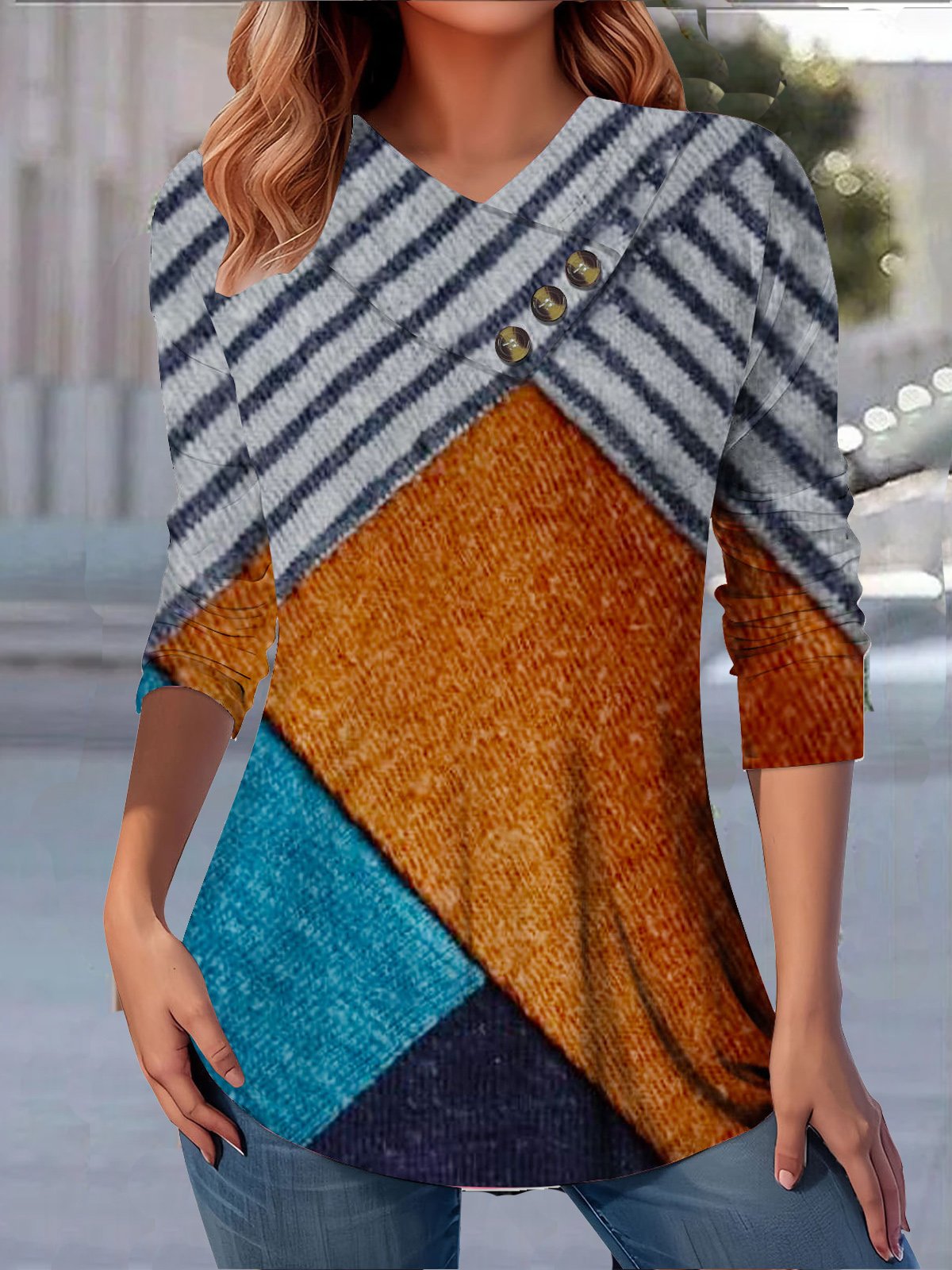 T-shirts Femmes Ethnique Décontracté Printemps / Automne Col V Quotidien Manches Longues Régulier Droit Boucle