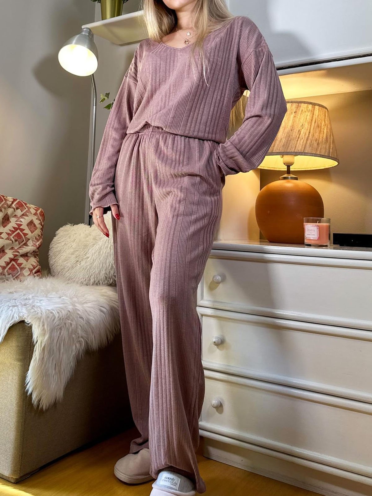 Deux Pièces Ensembles Décontracté Plain Printemps / Automne Col V Naturel Quotidien Ample Top Avec Pantalons Régulier pour Femmes