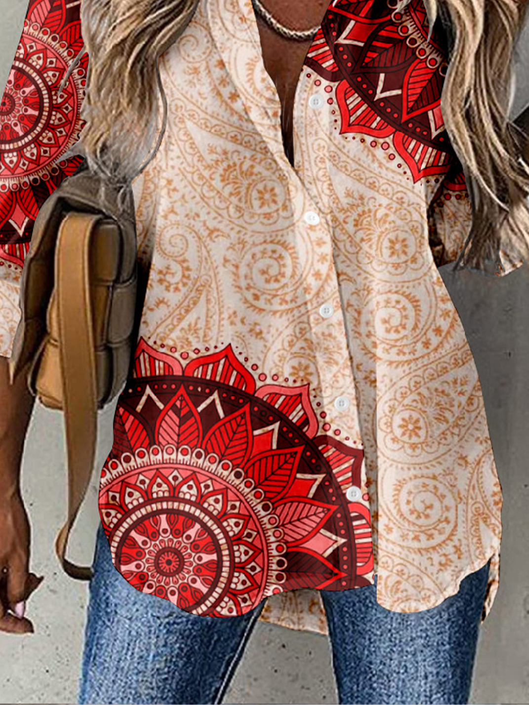 Chemises Femmes Rétro Ethnique Printemps / Automne Polyester Boutonné Naturel Manches Longues Mi-long ré