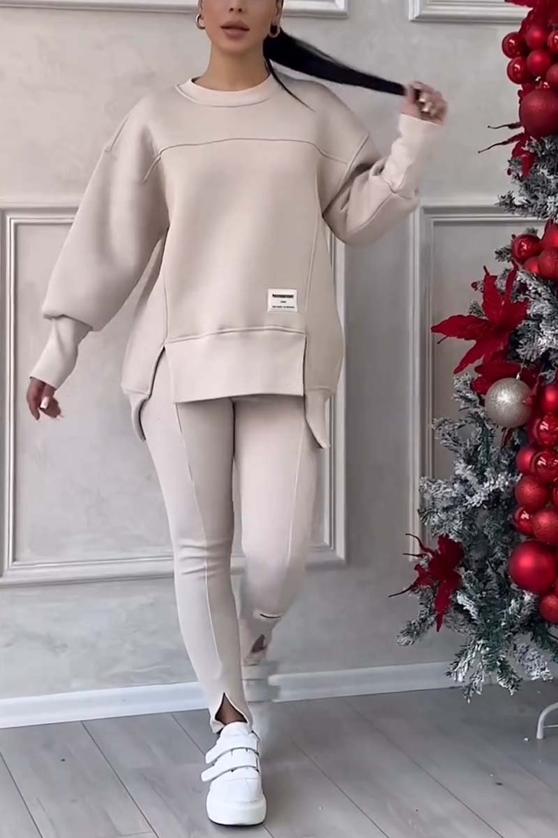 Deux Pièces Ensembles Décontracté Plain Printemps / Automne Micro-élasticité Quotidien Col Rond Top Avec Pantalons Droit Régulier pour Femmes