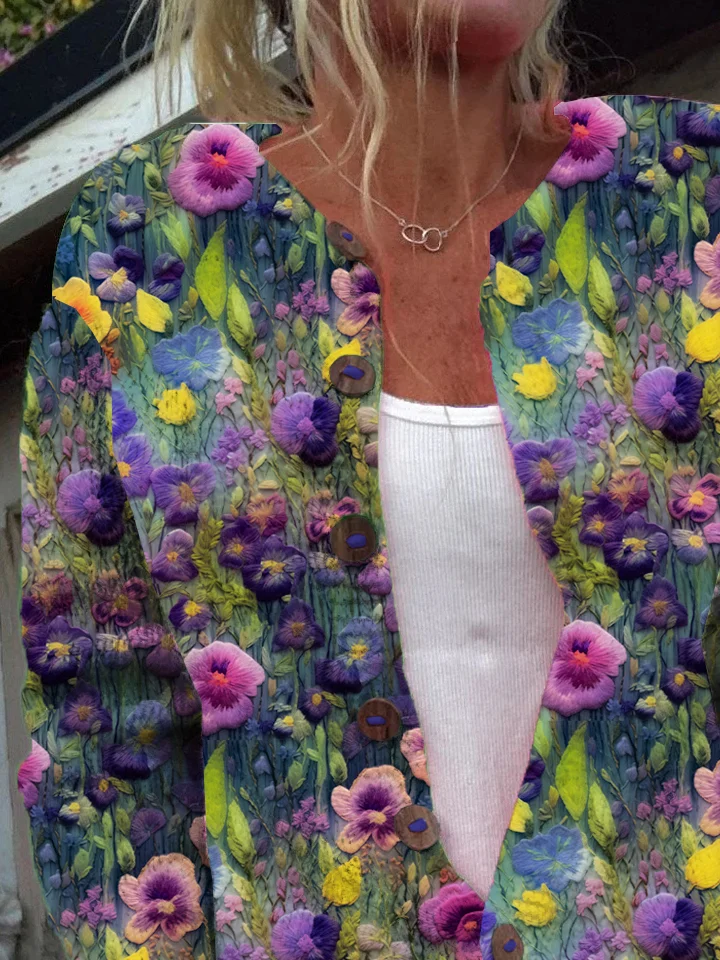 Cardigans Femmes Décontracté Floral Printemps / Automne Boutonné Micro-élasticité Quotidien Ample Manches Longues Régulier