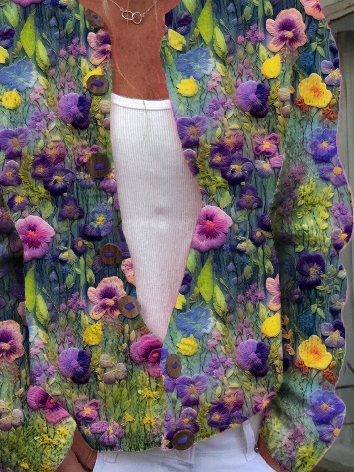 Cardigans Femmes Décontracté Floral Printemps / Automne Boutonné Micro-élasticité Quotidien Ample Manches Longues Régulier
