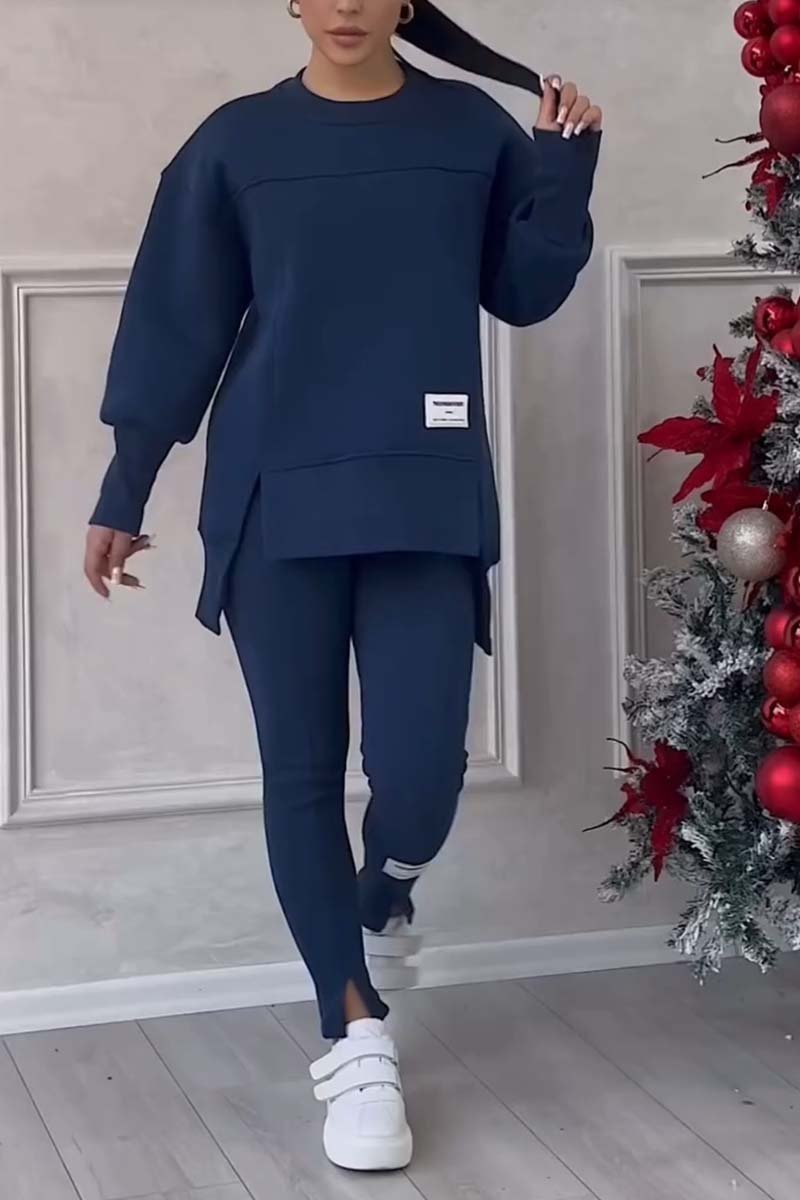 Deux Pièces Ensembles Décontracté Plain Printemps / Automne Micro-élasticité Quotidien Col Rond Top Avec Pantalons Droit Régulier pour Femmes
