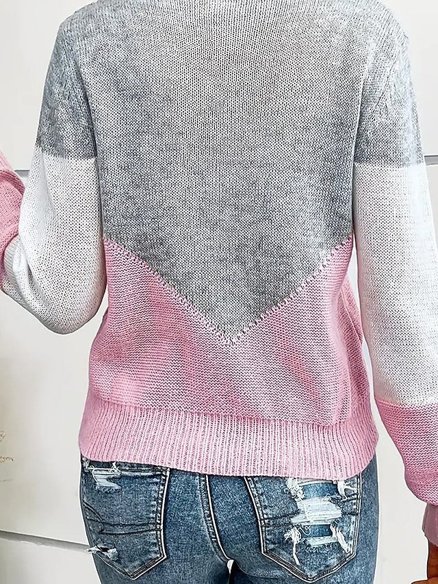 Pulls Décontracté Bloc de Couleur Printemps / Automne Col V Ample Manches Longues Fil/fil de laine Droit Élasticité moyenne pour Femmes