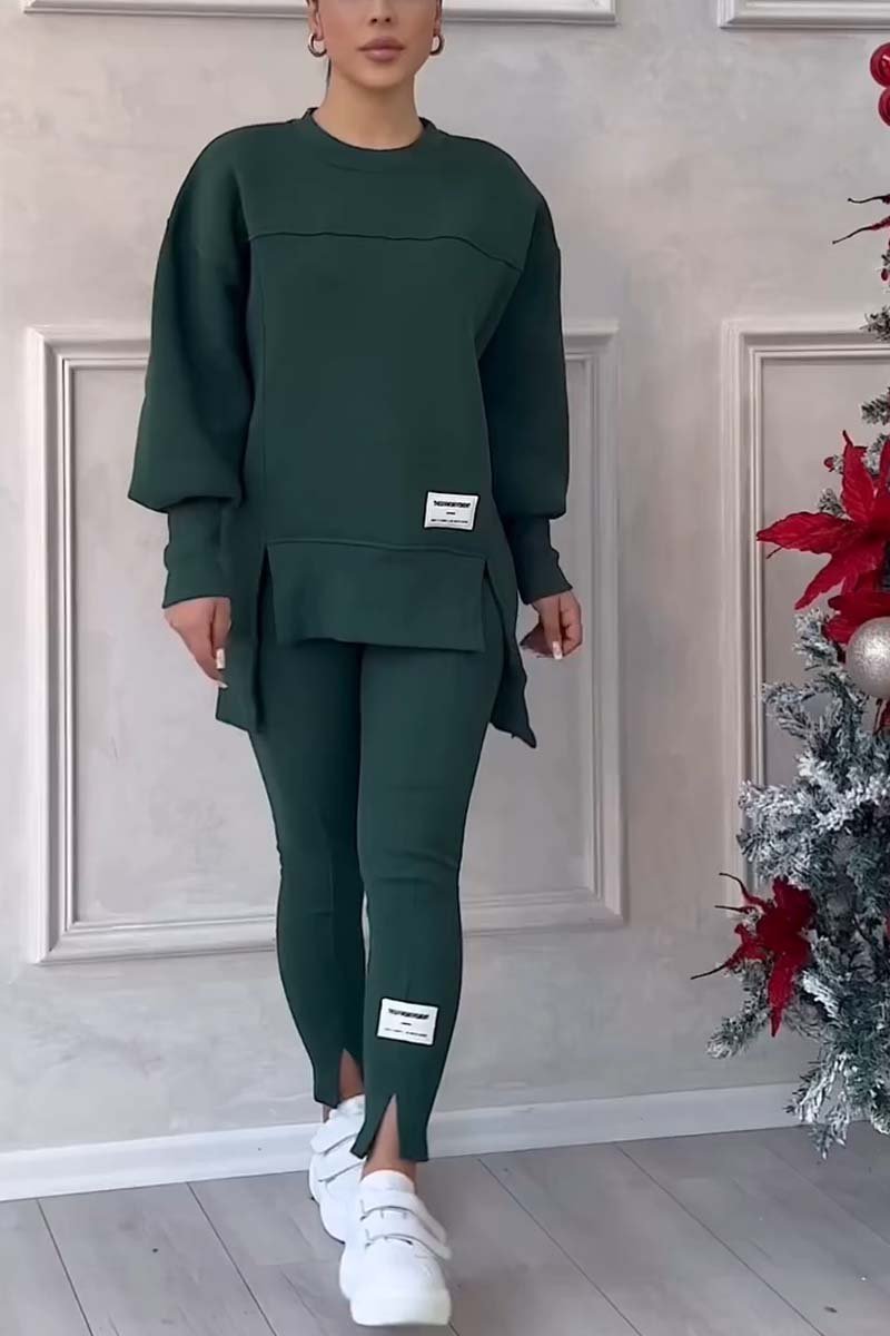 Deux Pièces Ensembles Décontracté Plain Printemps / Automne Micro-élasticité Quotidien Col Rond Top Avec Pantalons Droit Régulier pour Femmes