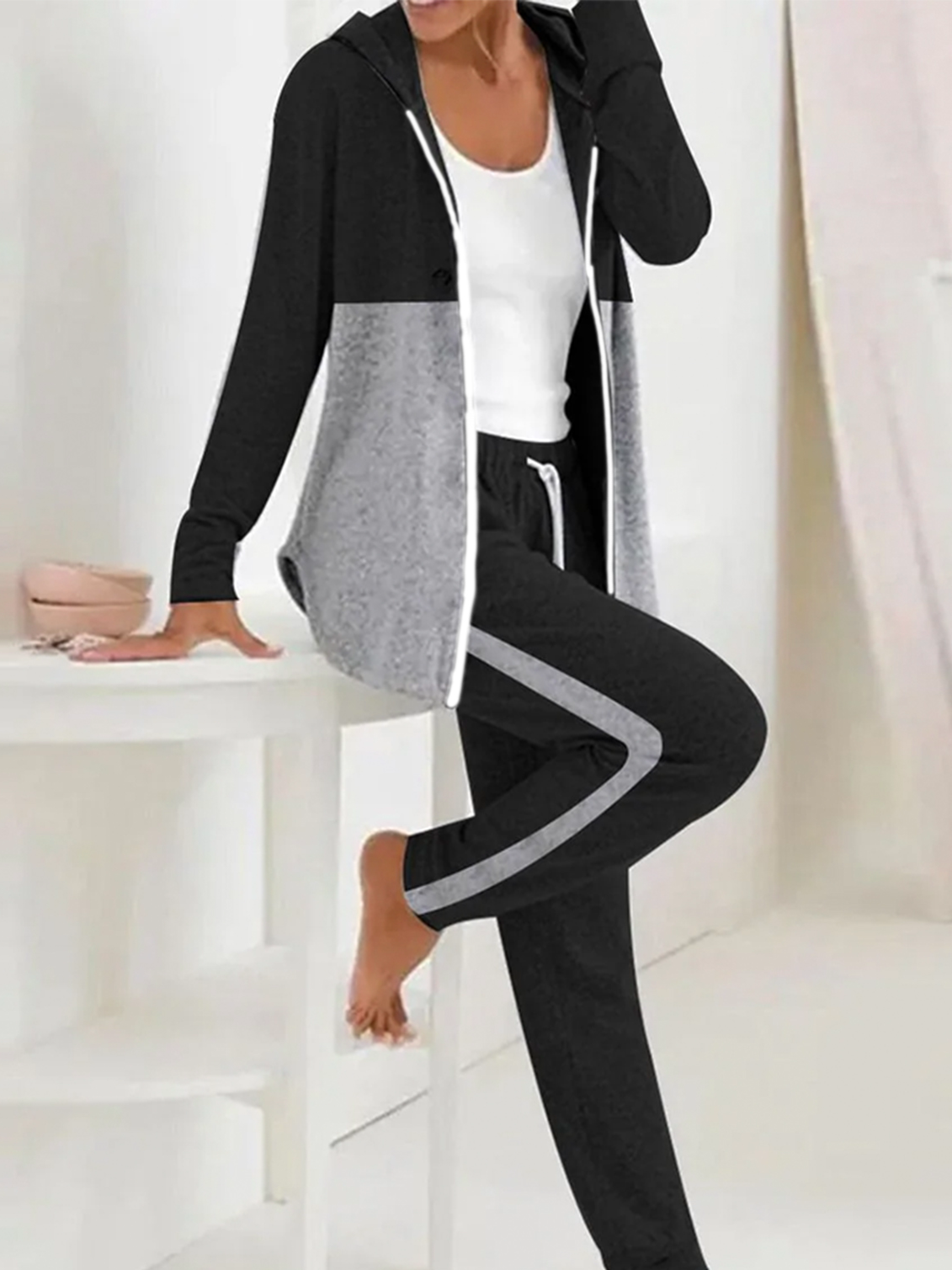 Deux Pièces Ensembles Décontracté Bloc de Couleur Printemps / Automne Polyester Sweat-shirt à Capuche Naturel Manches Longues Droit Régulier pour Femmes