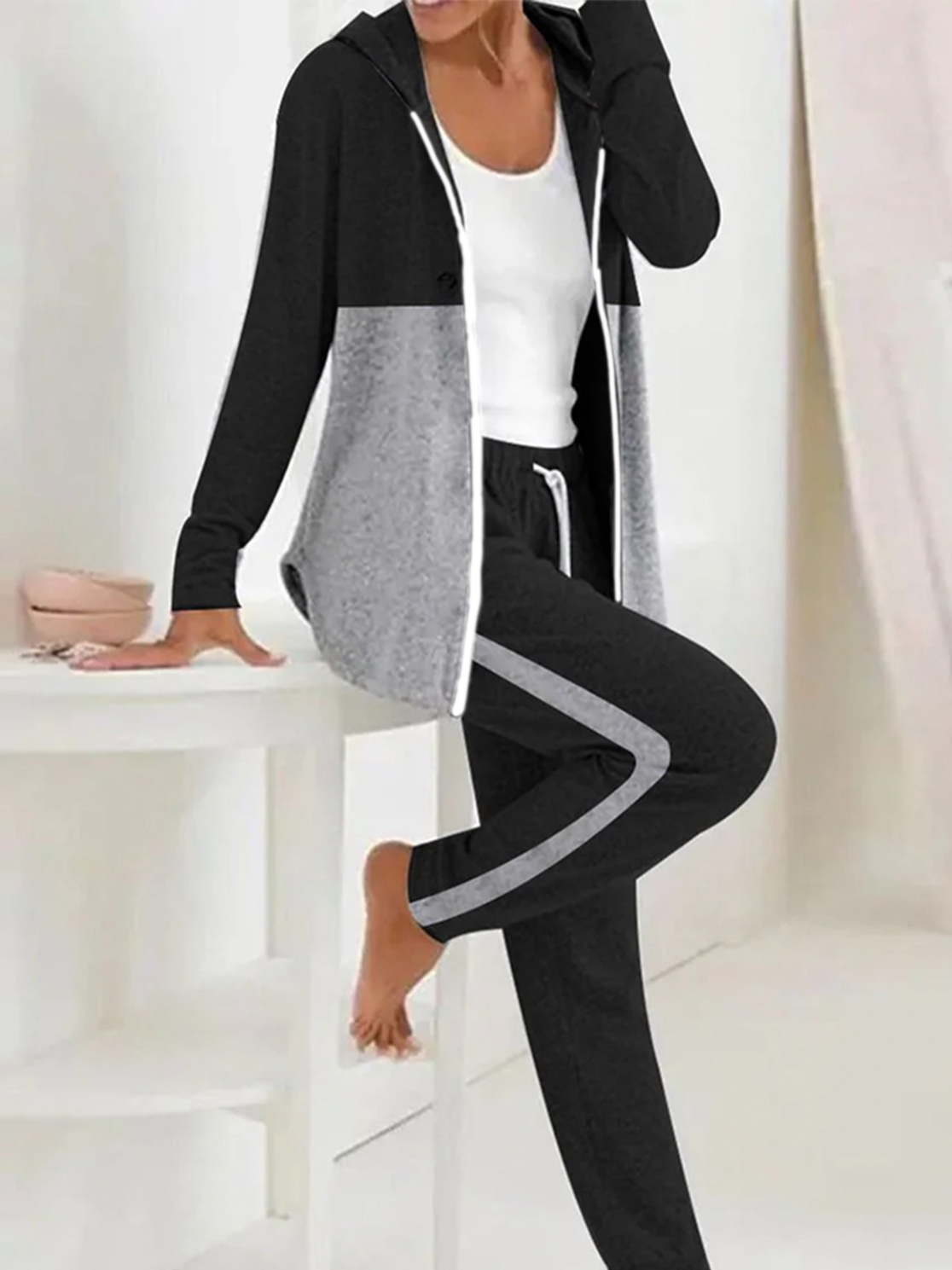 Deux Pièces Ensembles Décontracté Bloc de Couleur Printemps / Automne Polyester Sweat-shirt à Capuche Naturel Manches Longues Droit Régulier pour Femmes